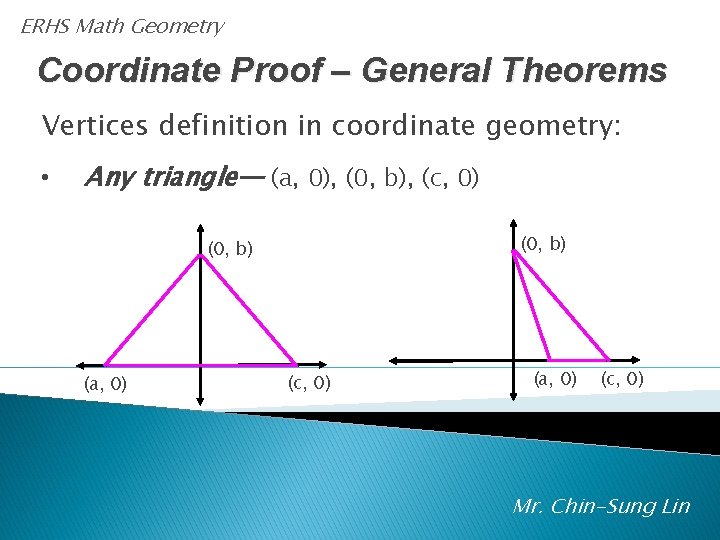 ERHS Math Geometry Coordinate Proof – General Theorems Vertices definition in coordinate geometry: •