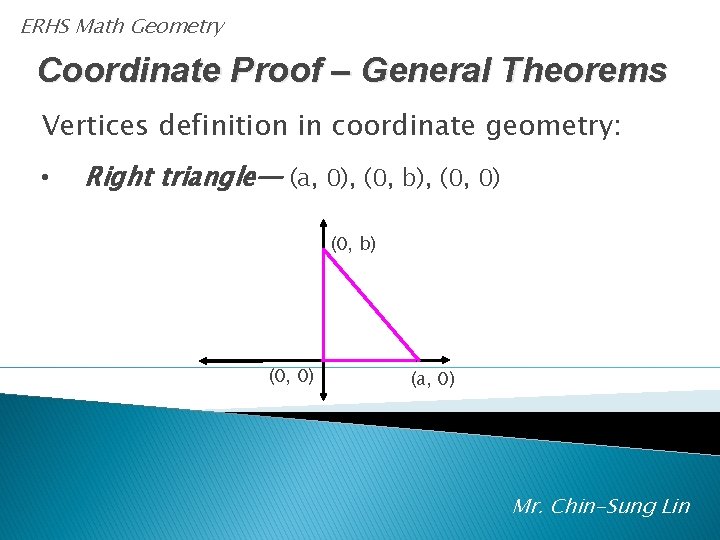 ERHS Math Geometry Coordinate Proof – General Theorems Vertices definition in coordinate geometry: •