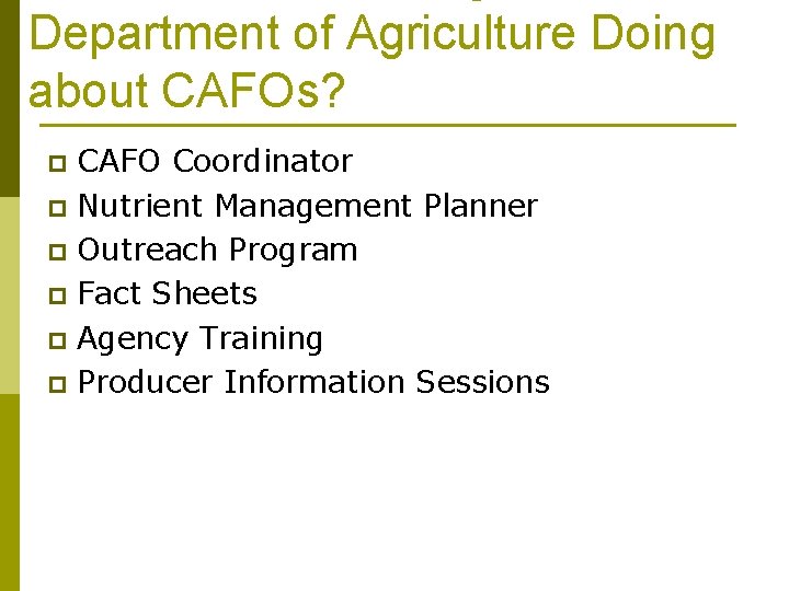 Department of Agriculture Doing about CAFOs? CAFO Coordinator p Nutrient Management Planner p Outreach