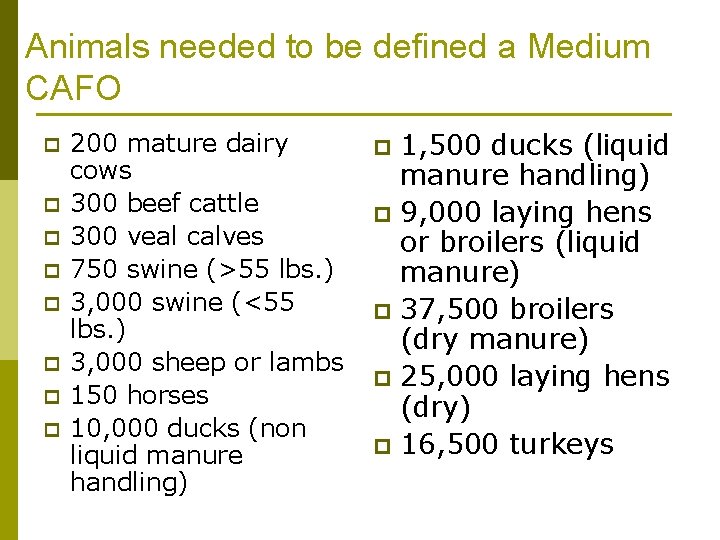 Animals needed to be defined a Medium CAFO p p p p 200 mature