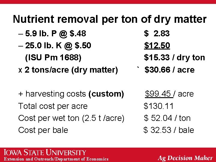Nutrient removal per ton of dry matter – 5. 9 lb. P @ $.