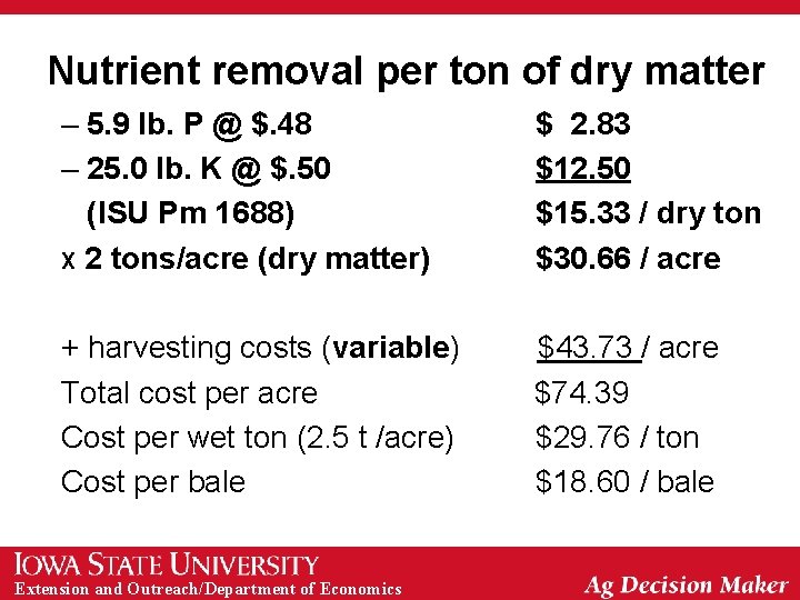 Nutrient removal per ton of dry matter – 5. 9 lb. P @ $.