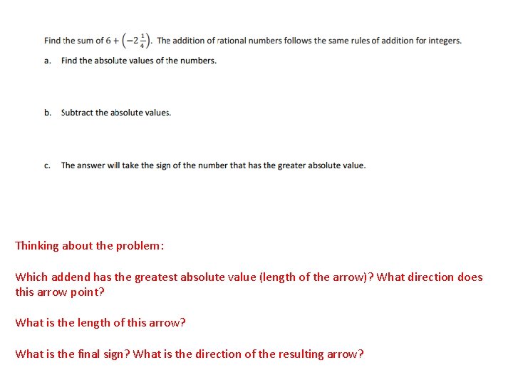 Thinking about the problem: Which addend has the greatest absolute value (length of the