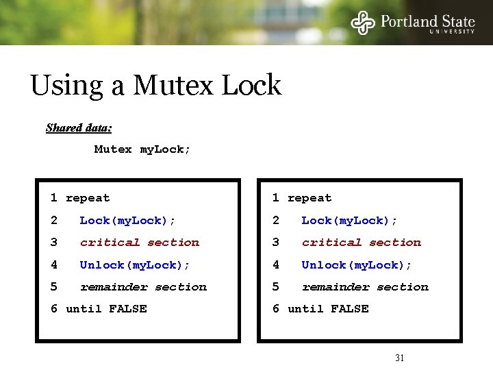 Using a Mutex Lock Shared data: Mutex my. Lock; 1 repeat 2 Lock(my. Lock);