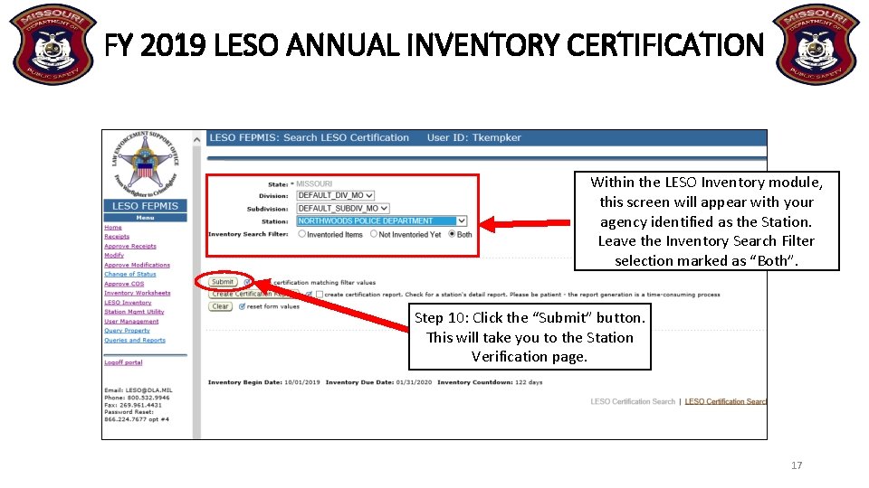 FY 2019 LESO ANNUAL INVENTORY CERTIFICATION Within the LESO Inventory module, this screen will