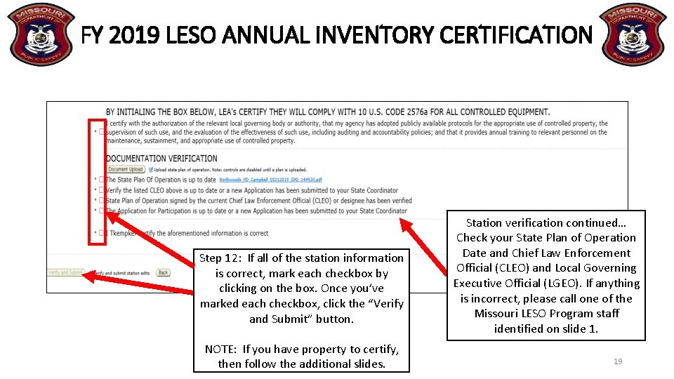 FY 2019 LESO ANNUAL INVENTORY CERTIFICATION Step 12: If all of the station information