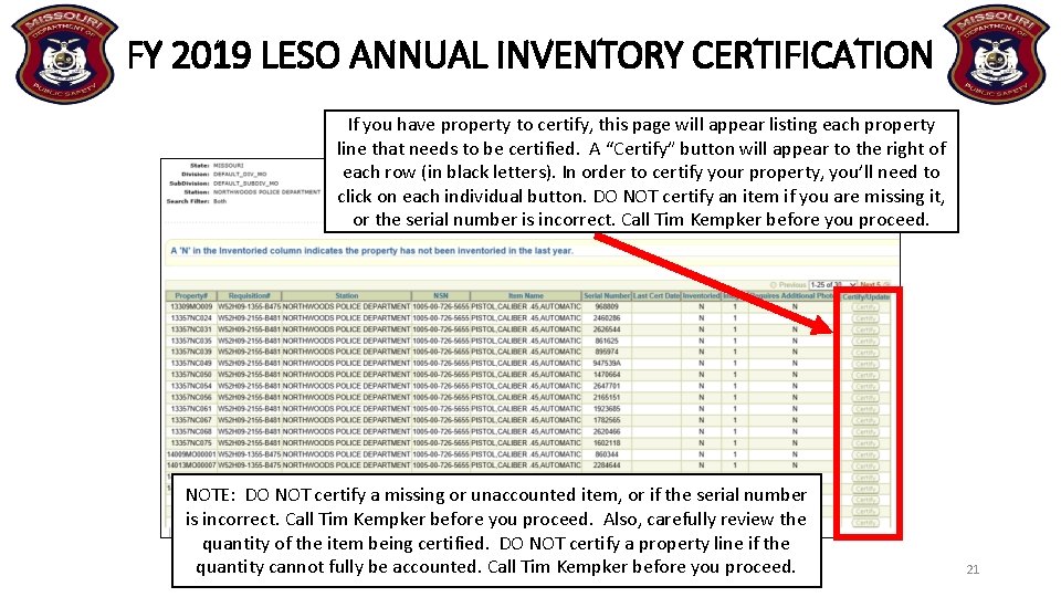 FY 2019 LESO ANNUAL INVENTORY CERTIFICATION If you have property to certify, this page