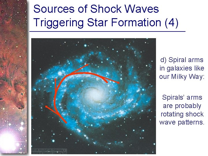 Sources of Shock Waves Triggering Star Formation (4) d) Spiral arms in galaxies like