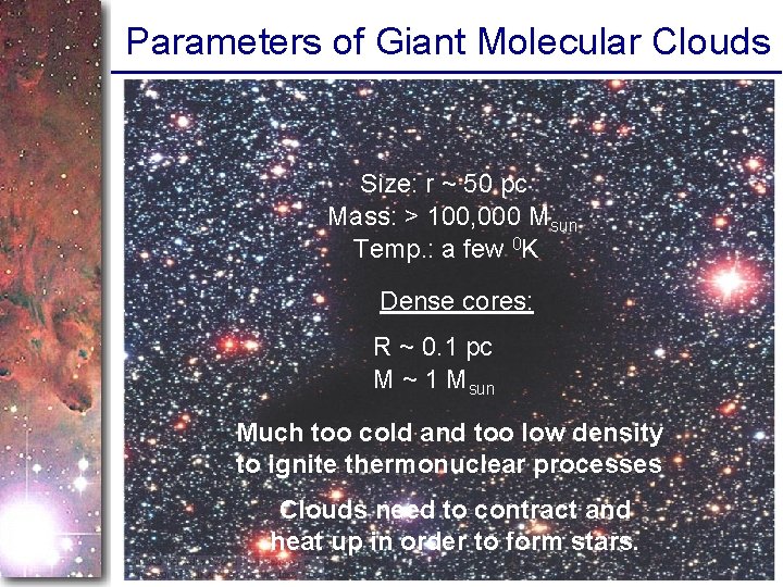 Parameters of Giant Molecular Clouds Size: r ~ 50 pc Mass: > 100, 000