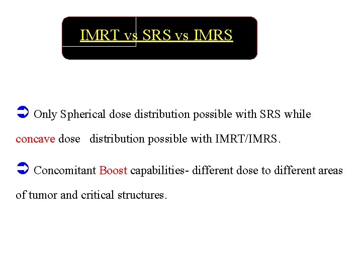 IMRT vs SRS vs IMRS Ü Only Spherical dose distribution possible with SRS while