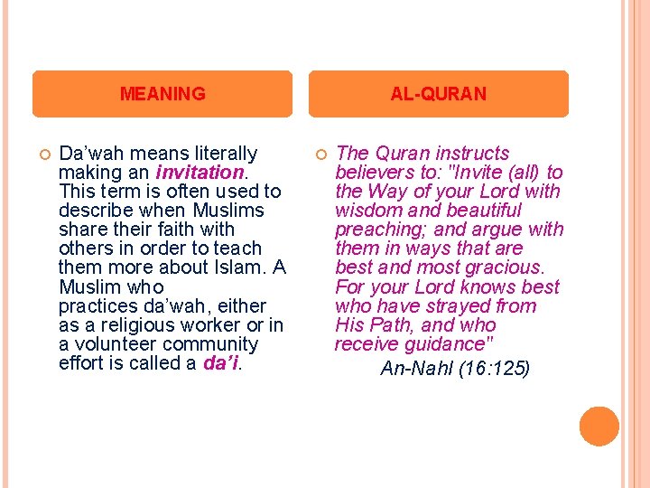 MEANING Da’wah means literally making an invitation. This term is often used to describe