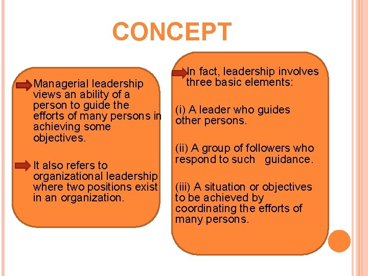 CONCEPT In fact, leadership involves three basic elements: Managerial leadership views an ability of