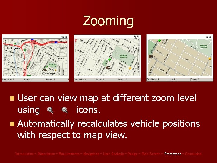 Zooming n User can view map at different zoom level using icons. n Automatically