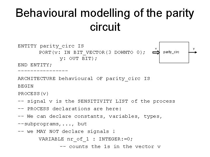 Behavioural modelling of the parity circuit ENTITY parity_circ IS v parity_circ PORT(v: IN BIT_VECTOR(3