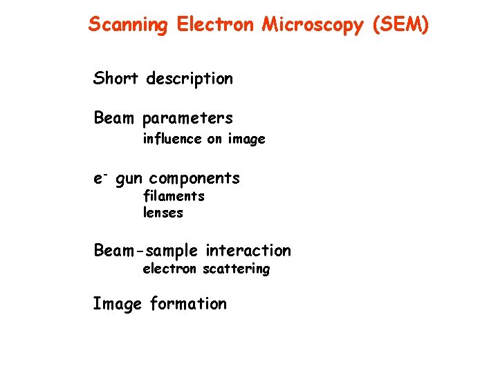 Scanning Electron Microscopy (SEM) Short description Beam parameters influence on image e- gun components