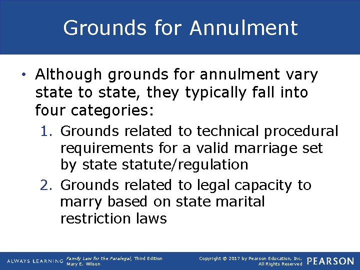 Grounds for Annulment • Although grounds for annulment vary state to state, they typically