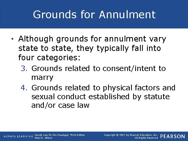 Grounds for Annulment • Although grounds for annulment vary state to state, they typically
