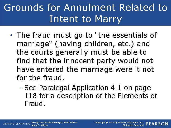 Grounds for Annulment Related to Intent to Marry • The fraud must go to