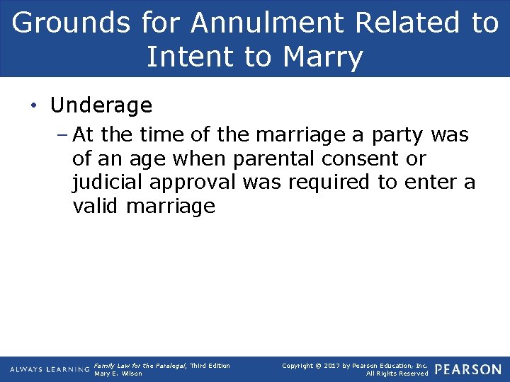 Grounds for Annulment Related to Intent to Marry • Underage – At the time