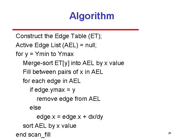 Algorithm Construct the Edge Table (ET); Active Edge List (AEL) = null; for y