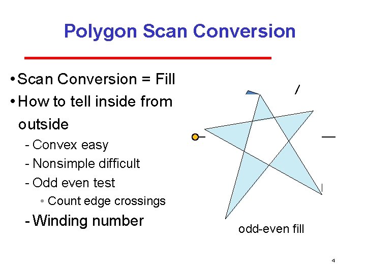 Polygon Scan Conversion • Scan Conversion = Fill • How to tell inside from