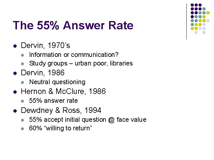 The 55% Answer Rate l Dervin, 1970’s l l l Dervin, 1986 l l