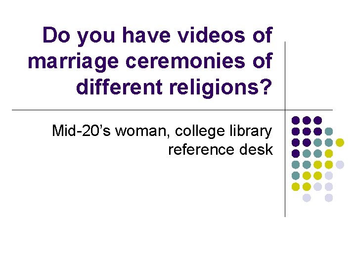 Do you have videos of marriage ceremonies of different religions? Mid-20’s woman, college library