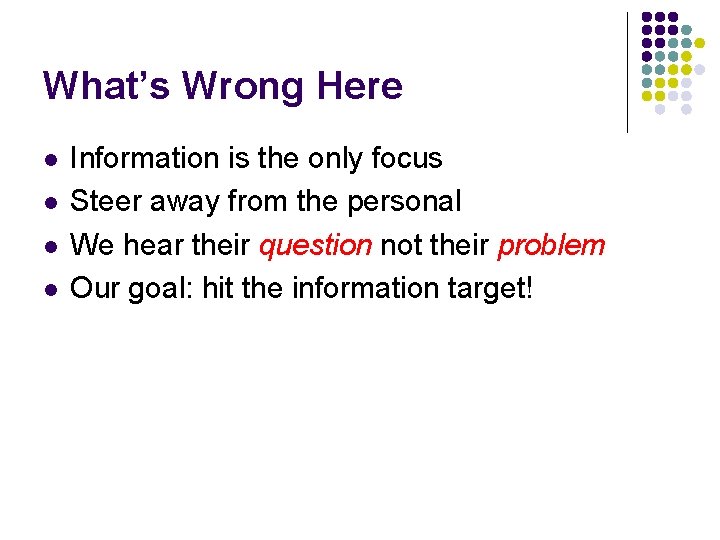 What’s Wrong Here l l Information is the only focus Steer away from the