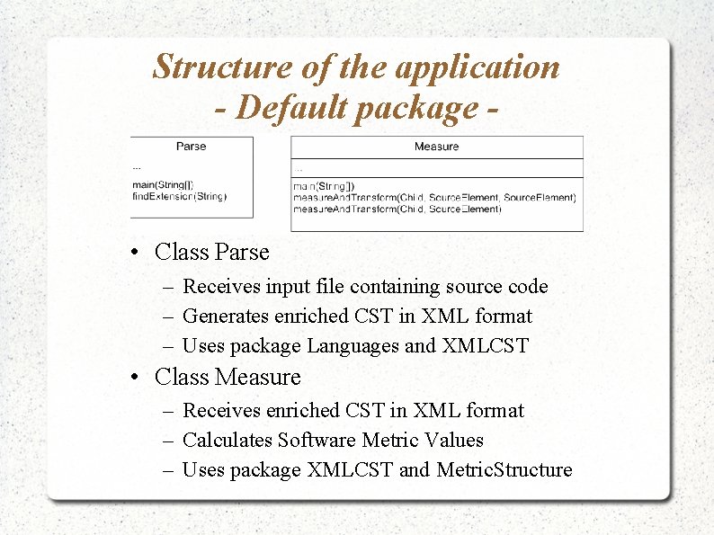 Structure of the application - Default package - • Class Parse – Receives input