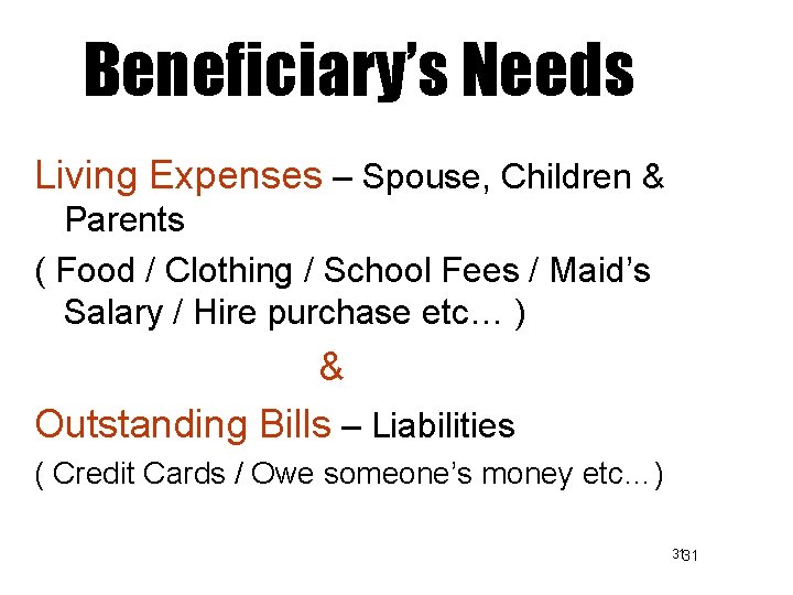 Beneficiary’s Needs Living Expenses – Spouse, Children & Parents ( Food / Clothing /