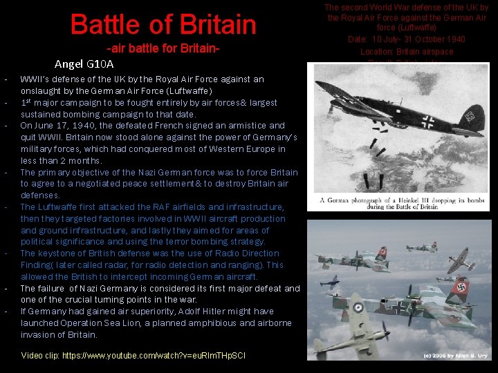 Battle of Britain -air battle for Britain. Angel G 10 A - - -