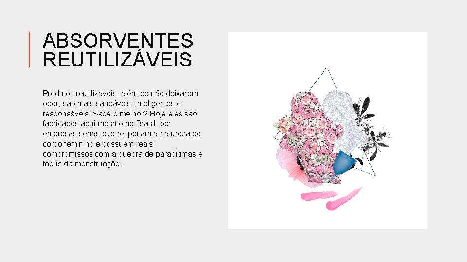 ABSORVENTES REUTILIZÁVEIS Produtos reutilizáveis, além de não deixarem odor, são mais saudáveis, inteligentes e