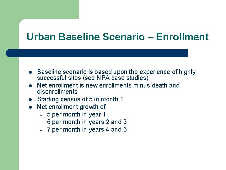 Urban Baseline Scenario – Enrollment l l Baseline scenario is based upon the experience Urban Baseline Scenario – Enrollment l l Baseline scenario is based upon the experience