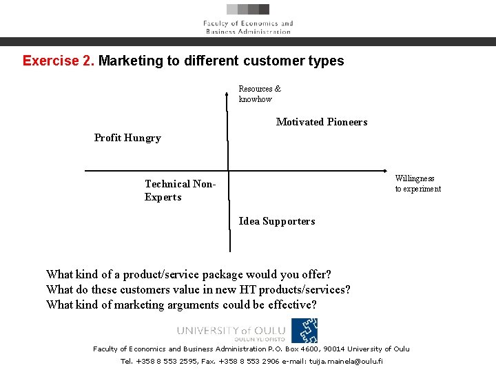 Exercise 2. Marketing to different customer types Resources & knowhow Motivated Pioneers Profit Hungry