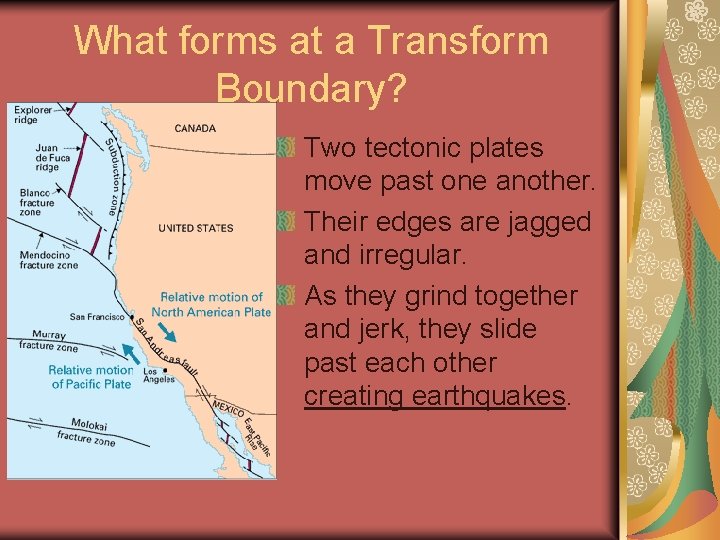 What forms at a Transform Boundary? Two tectonic plates move past one another. Their