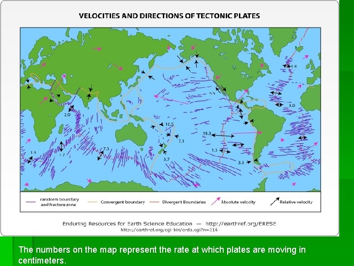 The numbers on the map represent the rate at which plates are moving in