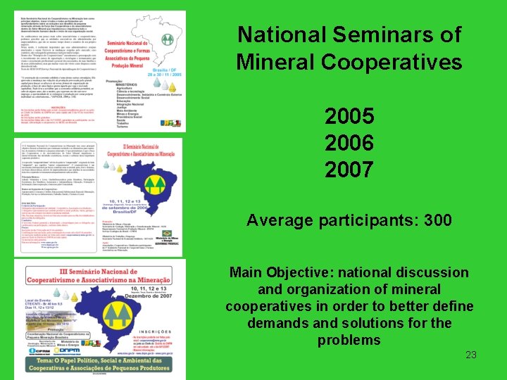 National Seminars of Mineral Cooperatives 2005 2006 2007 Average participants: 300 Main Objective: national