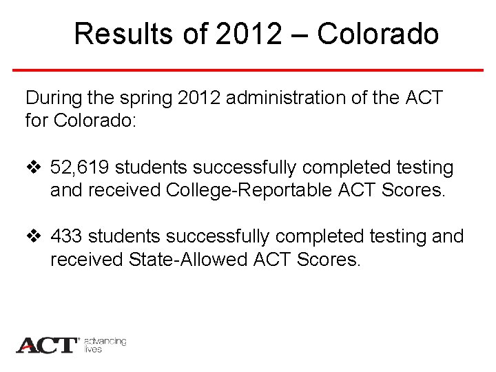 Results of 2012 – Colorado During the spring 2012 administration of the ACT for