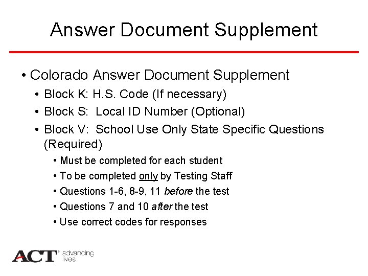 Answer Document Supplement • Colorado Answer Document Supplement • Block K: H. S. Code