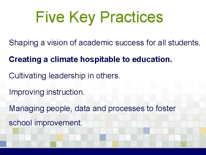 Five Key Practices Shaping a vision of academic success for all students. Creating a