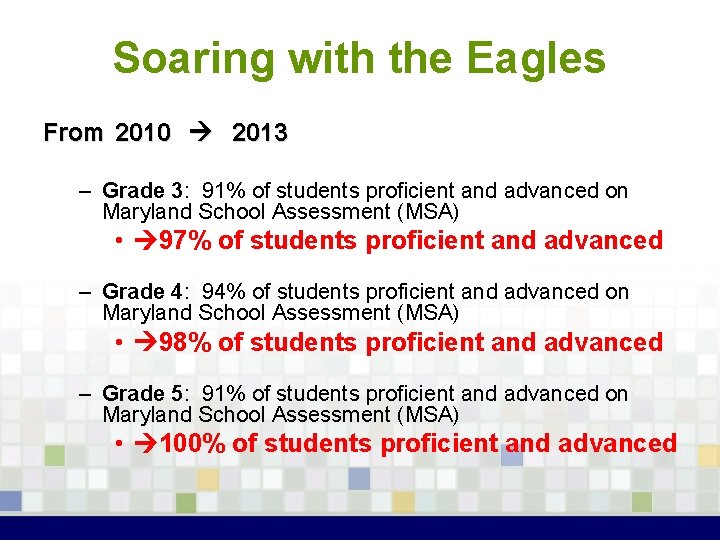Soaring with the Eagles From 2010 2013 – Grade 3: 91% of students proficient