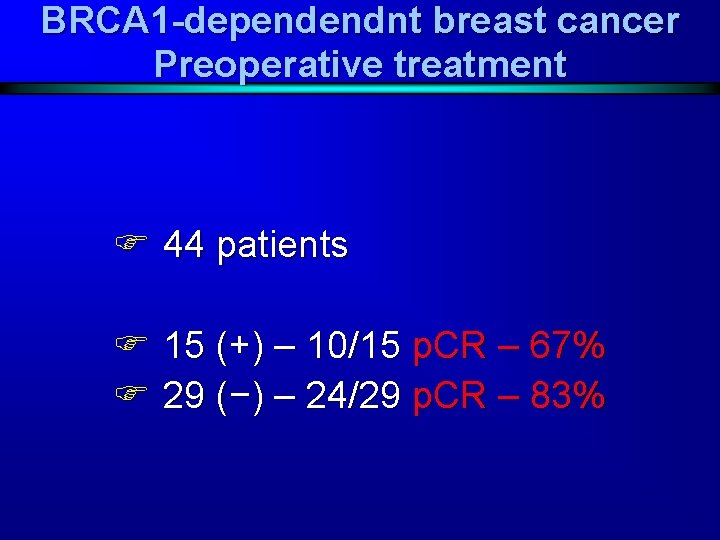 BRCA 1 -dependendnt breast cancer Preoperative treatment F 44 patients F 15 (+) –