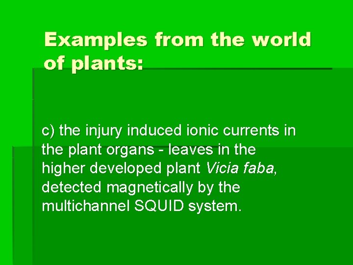 Examples from the world of plants: c) the injury induced ionic currents in the