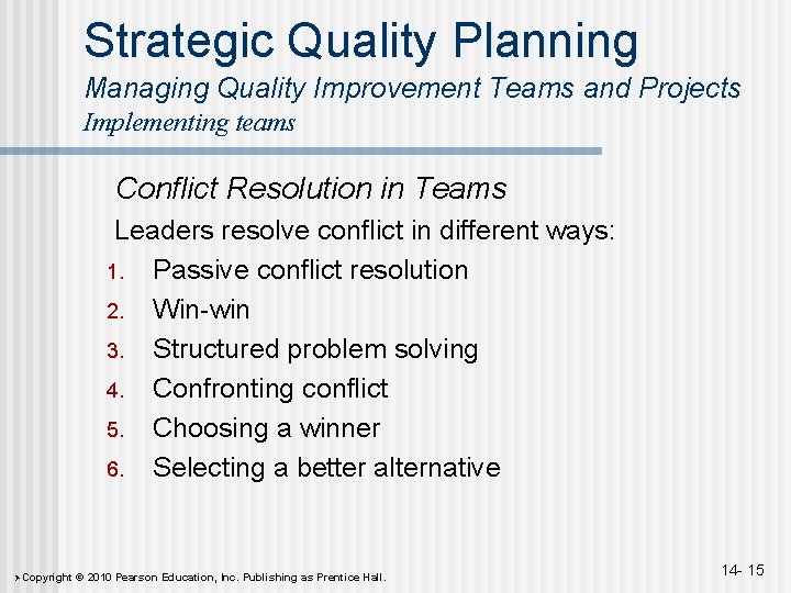 Strategic Quality Planning Managing Quality Improvement Teams and Projects Implementing teams Conflict Resolution in Strategic Quality Planning Managing Quality Improvement Teams and Projects Implementing teams Conflict Resolution in