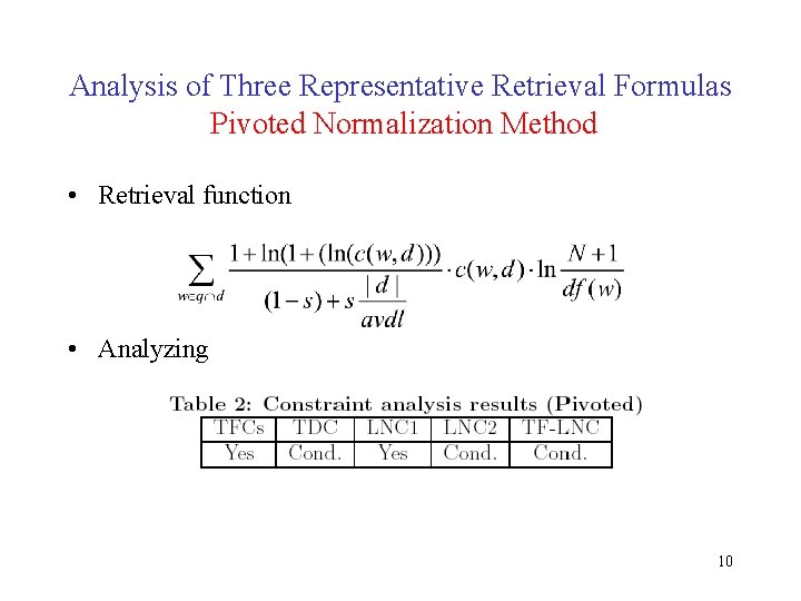 Analysis of Three Representative Retrieval Formulas Pivoted Normalization Method • Retrieval function • Analyzing Analysis of Three Representative Retrieval Formulas Pivoted Normalization Method • Retrieval function • Analyzing