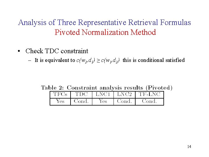 Analysis of Three Representative Retrieval Formulas Pivoted Normalization Method • Check TDC constraint – Analysis of Three Representative Retrieval Formulas Pivoted Normalization Method • Check TDC constraint –