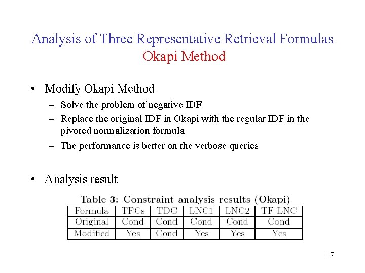 Analysis of Three Representative Retrieval Formulas Okapi Method • Modify Okapi Method – Solve Analysis of Three Representative Retrieval Formulas Okapi Method • Modify Okapi Method – Solve