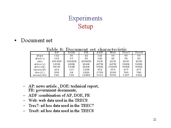 Experiments Setup • Document set – AP: news article , DOE: technical report, FR: Experiments Setup • Document set – AP: news article , DOE: technical report, FR: