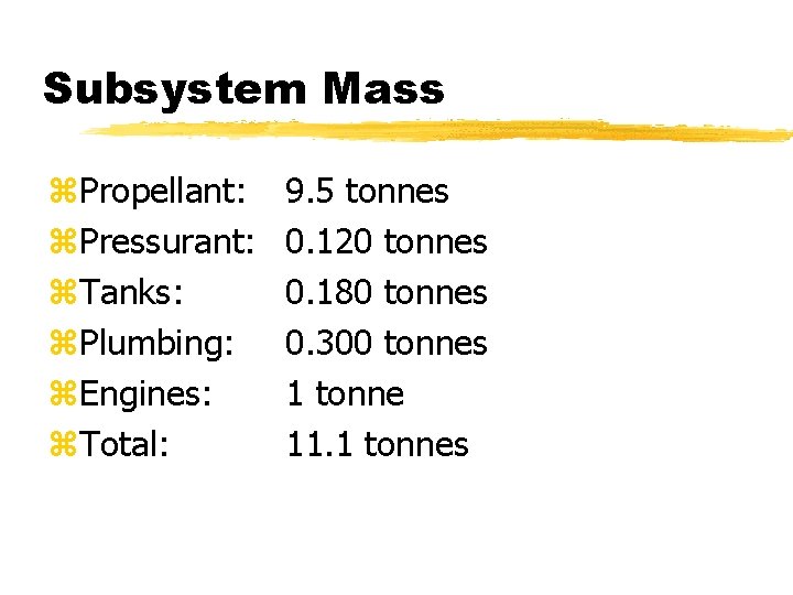 Subsystem Mass z. Propellant: z. Pressurant: z. Tanks: z. Plumbing: z. Engines: z. Total: