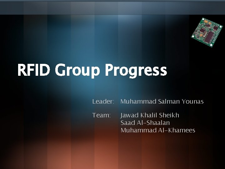 RFID Group Progress Leader: Muhammad Salman Younas Team: Jawad Khalil Sheikh Saad Al-Shaalan Muhammad